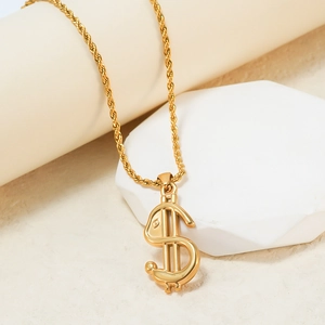 18K gold clover necklace featuring a unique dollar sign and rabbit pendant design