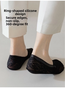 Close-up of black lace no-show socks with non-slip silicone heel grip and reinforced edges