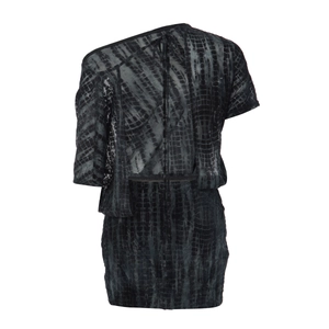 Detail view of back cutout and textured fabric on the black bodycon dress