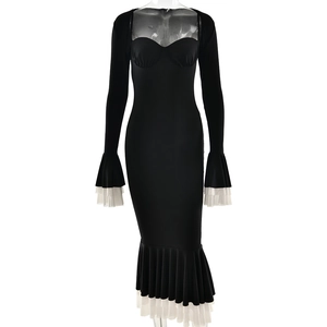 Women's slim fit black bodycon dress with white ruffle trim sleeves and hemline