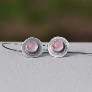 Pink moonstone drop earrings with brushed silver geometric circles for women