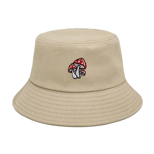Beige cotton bucket hat featuring three cute red mushroom embroidery in a casual style