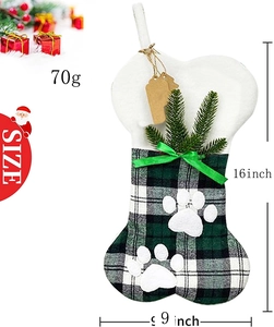 Detail of plaid bone-shaped pet Christmas stocking with dimensions 16x9 inches
