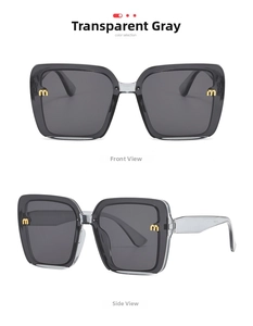 Detailed front and side views of transparent gray square sunglasses with gold m hinge