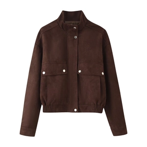 Giacca casual da donna in finto camoscio marrone scuro con colletto alto e tasconi