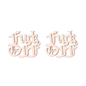 Macro view of rose gold Gothic style 'Fuck Off' letter earrings with a polished finish