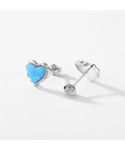 Detailed front and back view of S925 silver heart earrings with blue opal and small crystals