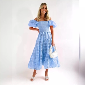 Light blue off-shoulder puff sleeve tiered maxi dress with plaid texture for summer fashion