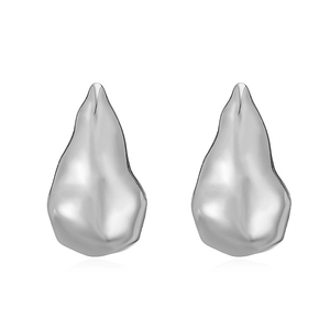 Detailed view of silver fluid-style melted metal earrings with irregular texture