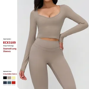 Haut de Sport pour Femmes Manches Longues Col en V Yoga Shirt Tissu Gratté Coupe Ajustée Fitness Course Sport