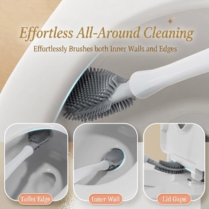 Wall-mounted silicone toilet brush with long handle for deep corner cleaning in gray