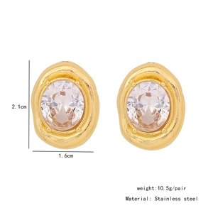 Detail view of irregular gold stainless steel earrings with oval crystal and dimensions