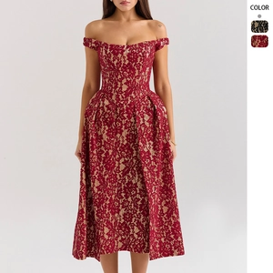 Robe Midi Dentelle Épaules Dénudées Élégante Dos Nu Coupe Cintrée Taille Haute Florale Soirée Formelle Sans Manches