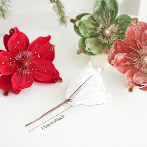 Detail of 17cm velvet magnolia artificial flower with gold glitter for Christmas decor