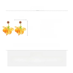 Detailed specs for yellow floral earrings showing size 7x5cm and glass bead cloth material