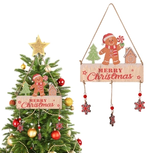 Detail view of a wooden gingerbread man and tree ornament with snowflakes for Christmas