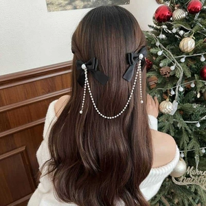 Elegant black bow hair clips with long pearl chain for girls princess style hairstyle