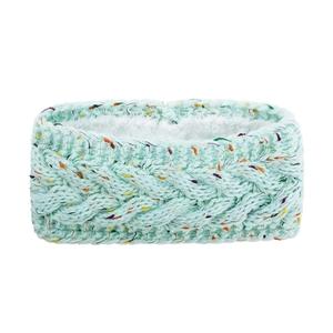 Detail of light blue confetti knit headband with warm white faux fleece lining texture