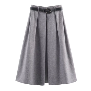 Elegant grey pleated A-line midi skirt with a slim black belted waist and twill fabric