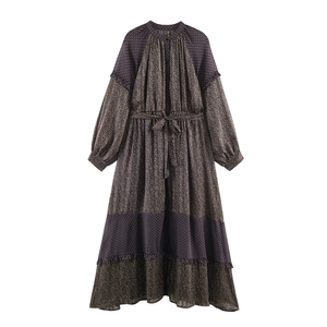 Bohemian Polka Dot Long Sleeve Maxi Dress For Women With Gold Metallic Thread Waist Tie And Ruffled Hem Large Swing