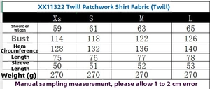 Detailed size chart with measurements for blue and white striped poplin shirt