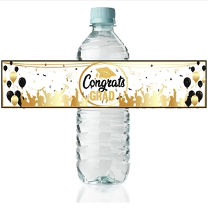 Detail of Congrats GRAD water bottle label with gold graduation cap and balloons design
