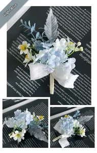 Detail of light blue artificial boutonniere with faux pearls and white lace ribbon bow
