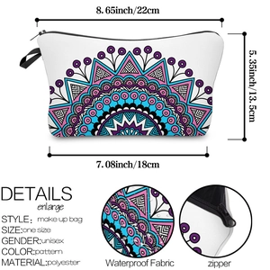 Waterproof mandala cosmetic bag with size specs and detailed zipper and fabric views