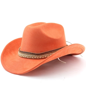 Detailed view of orange suede cowboy hat with ethnic beaded band and gold braid cord