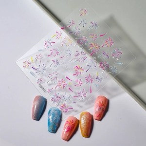 Detail of 5D embossed colorful firework nail art stickers with 3D texture on white background