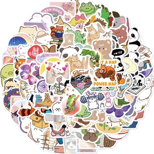 Close-up of cute cartoon animal stickers featuring cats and pandas for DIY decoration