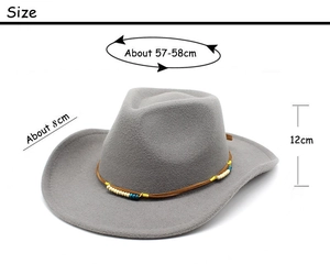 Guide des tailles du chapeau cowboy gris en laine avec tour de tête de 57-58cm et bord 8cm
