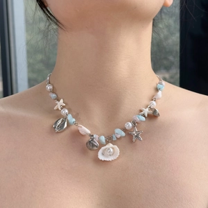Ocean Theme Beaded Necklace With Alloy Starfish Shell Pendants Artificial Pearls Colorful Resin Beads Summer Beach Jewelry For Women