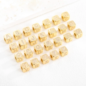 Copper dice pendants with 18k gold plating and cubic zirconia letter beads A to Z