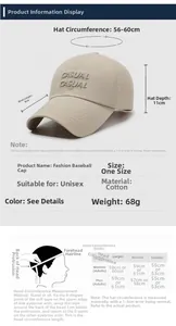 Size chart showing baseball cap dimensions including 9cm brim and adjustable circumference