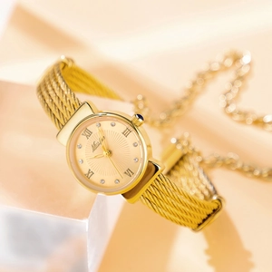 Elegant gold woven cable strap ladies watch with Roman numerals and diamond accents