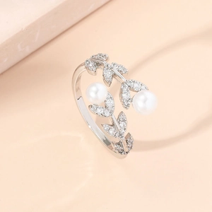 Leaf Open Ring Copper With Double Artificial Pearls Micro Paved Cubic Zirconia Adjustable Elegant Jewelry For Women