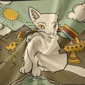 Close-up of a soft flannel tapestry featuring a digital print of a white cat and sun