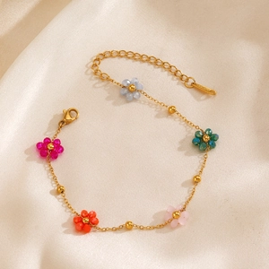 Handmade 18K gold plated stainless steel chain bracelet with colorful floral beads