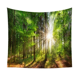 Detailed texture of forest landscape tapestry showing sun rays and polyester fabric quality