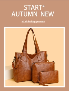 Three-piece brown PU leather handbag set including tote, makeup bag and small clutch