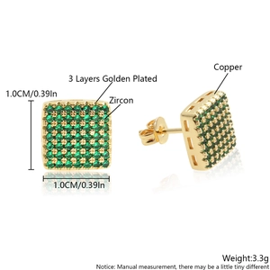 Hexagonal 18k gold plated copper studs with green zircon inlay for minimalist women