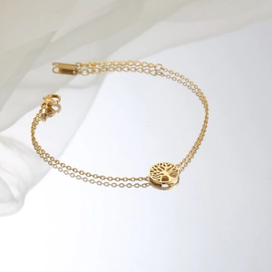 Double-layer gold stainless steel tree of life pendant bracelet with lobster clasp