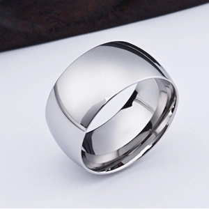 Minimalist wide silver stainless steel ring with high-polished mirror finish and curved surface