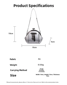 Detailed size specifications for silver rivet shell bag with dimensions 19x19x9cm