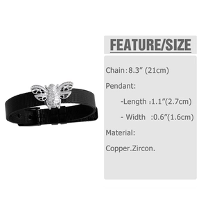 Detail showing the adjustable mesh watchband and crystal bee charm with size specifications