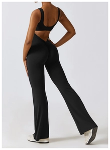 Detail of high waist flared yoga pants with scrunch butt lifting design for fitness