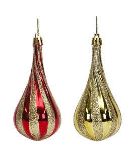 Detail view of red and gold teardrop Christmas ornaments with glitter and stripes