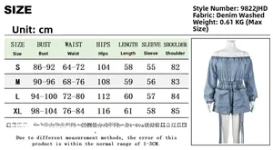 Detailed size guide for denim strapless romper showing bust, waist, and hip measurements in cm
