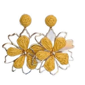 Handmade yellow woven flower drop earrings with golden frames for summer vacations